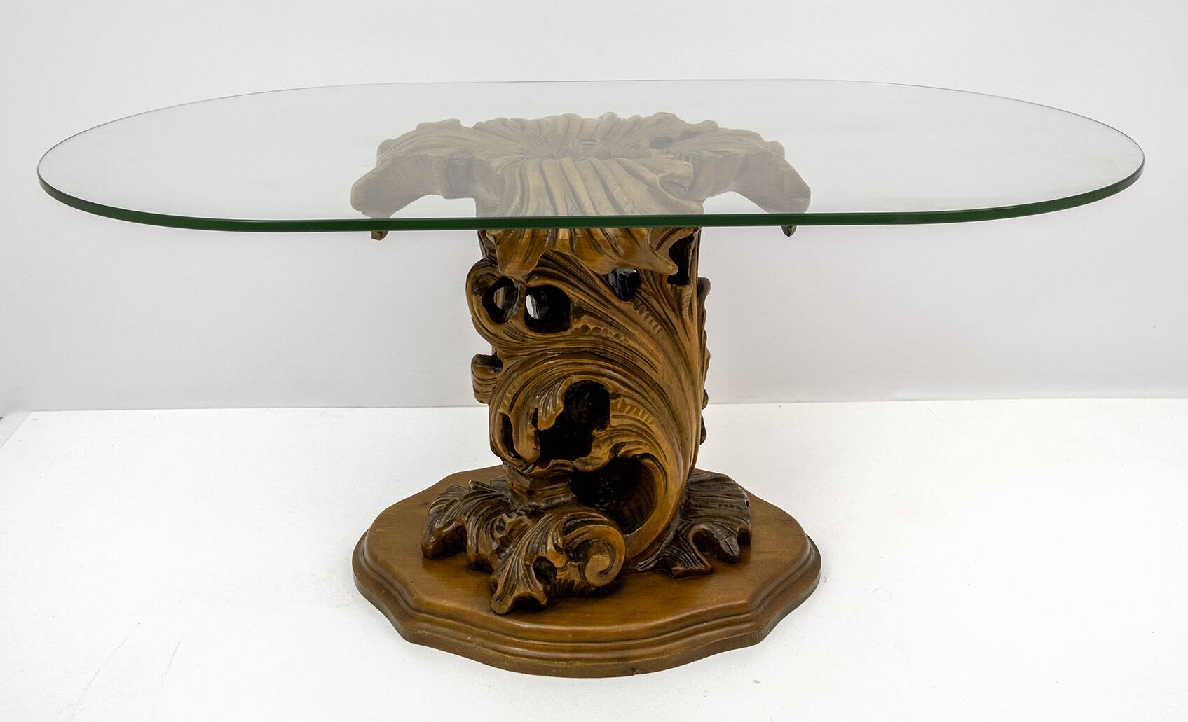 Mid-Century Modern Italian Carved Wood Base Large Curls and Leaves table