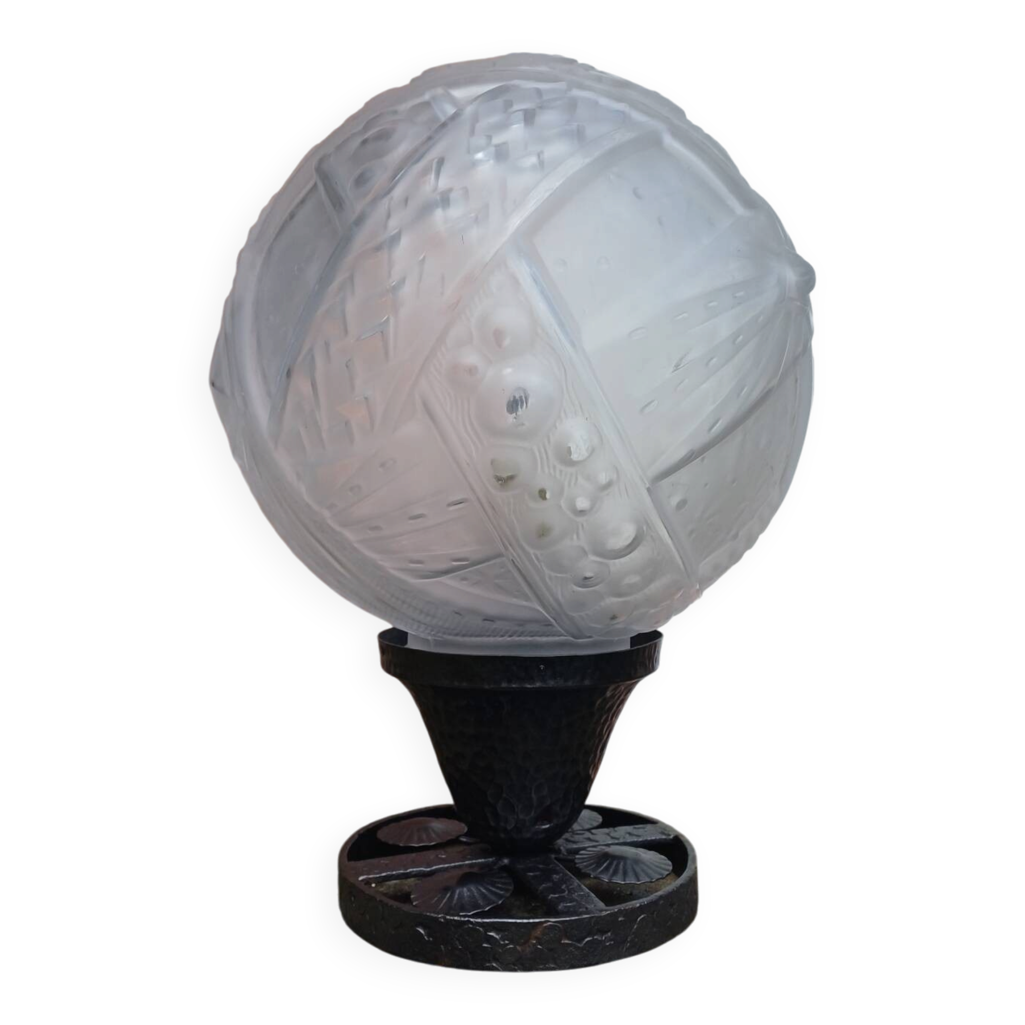 Art Deco ball lamp, pressed moulded glass, signed Muller.