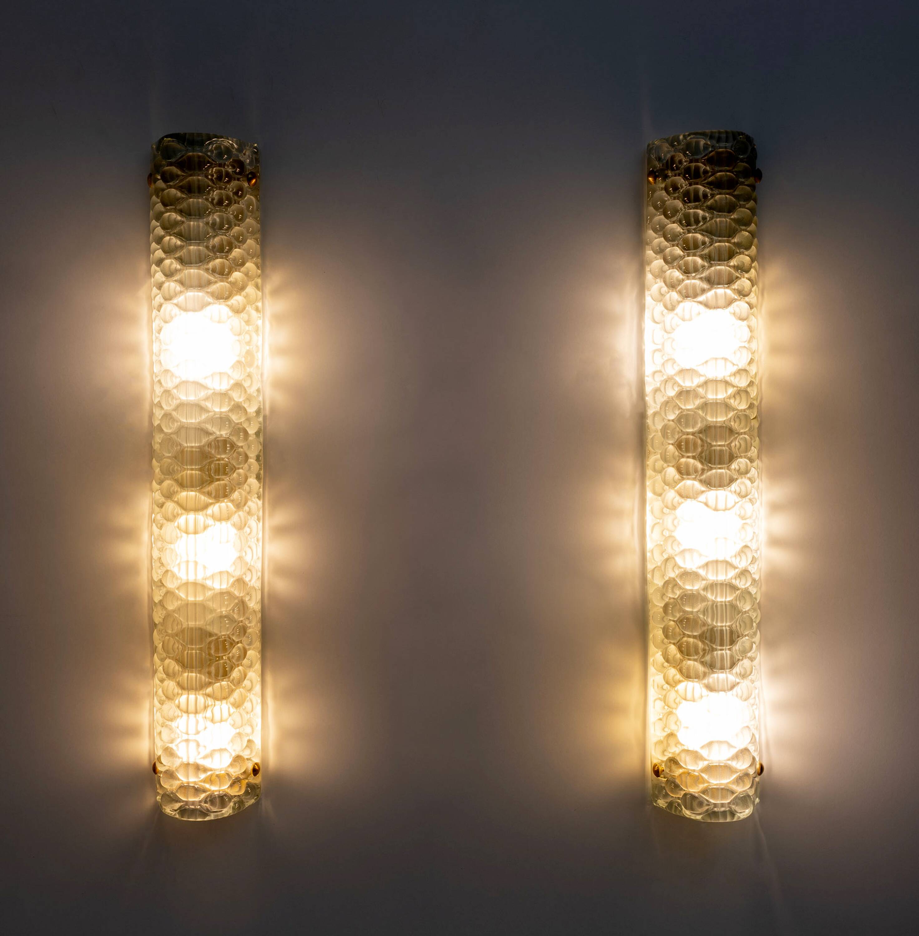 Pair of Modern Italian Brass and Murano Glass Textured Light Green Wall Sconce