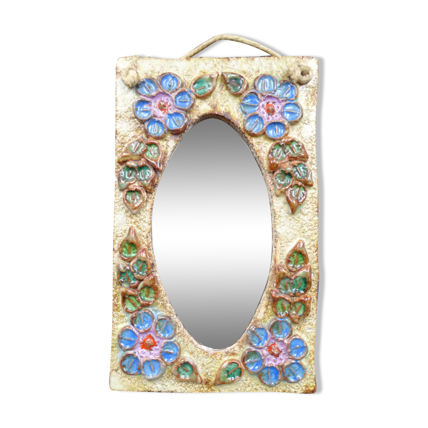 Flower-decorated sandstone mirror, circa 1970