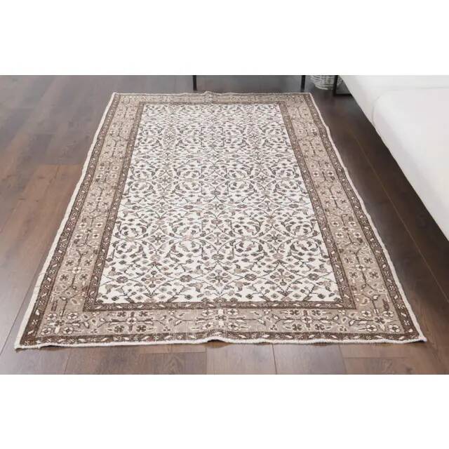 Vintage Turkish Oushak Handmade Wool Cotton White Area Rug 119x202