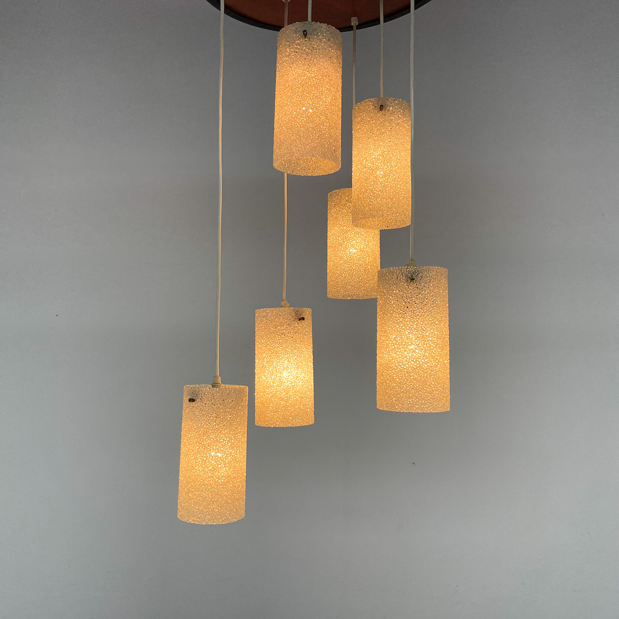 Mid-century cascade wood & crushed plastic pendant light, 1970's