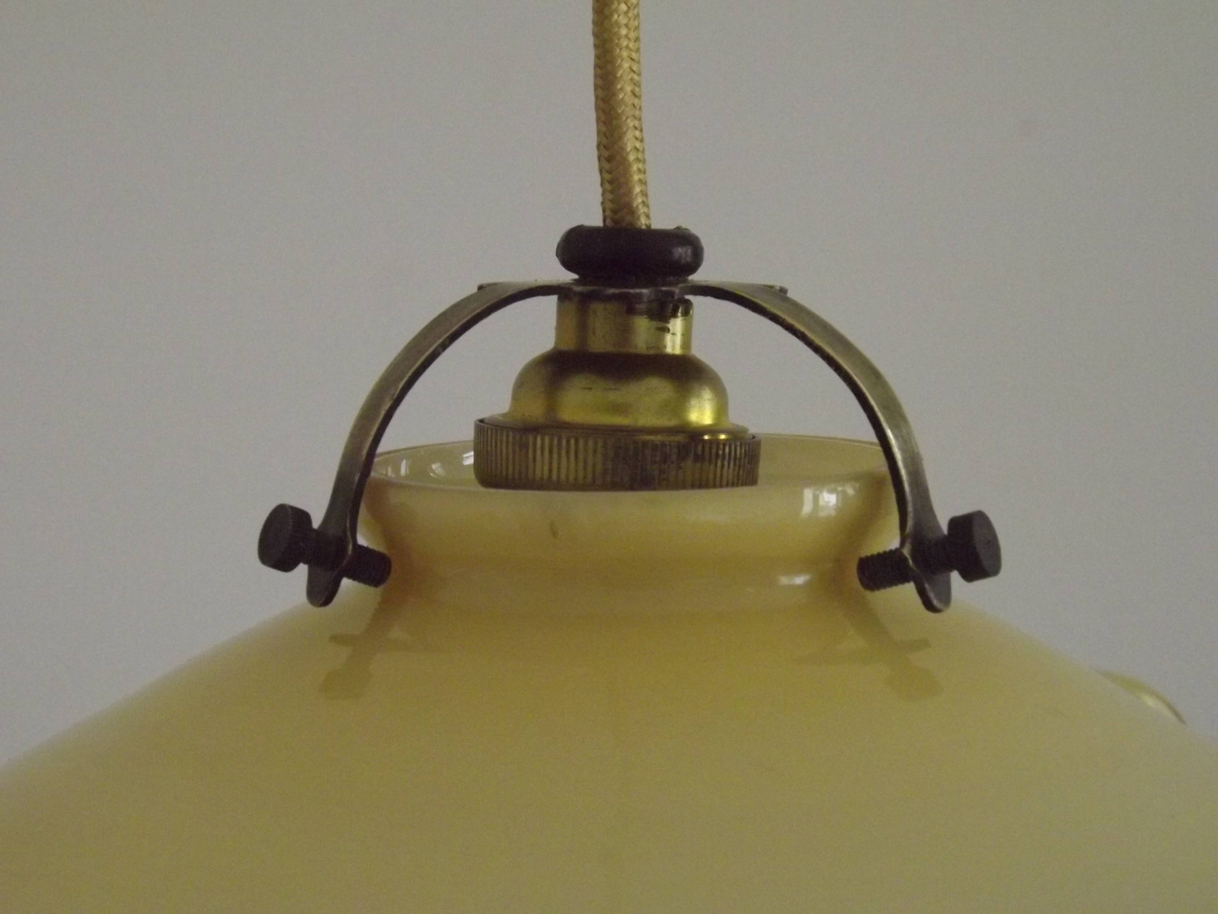 Vintage French Art Deco Yellow & White Glass Pendant Light Frilled 5495