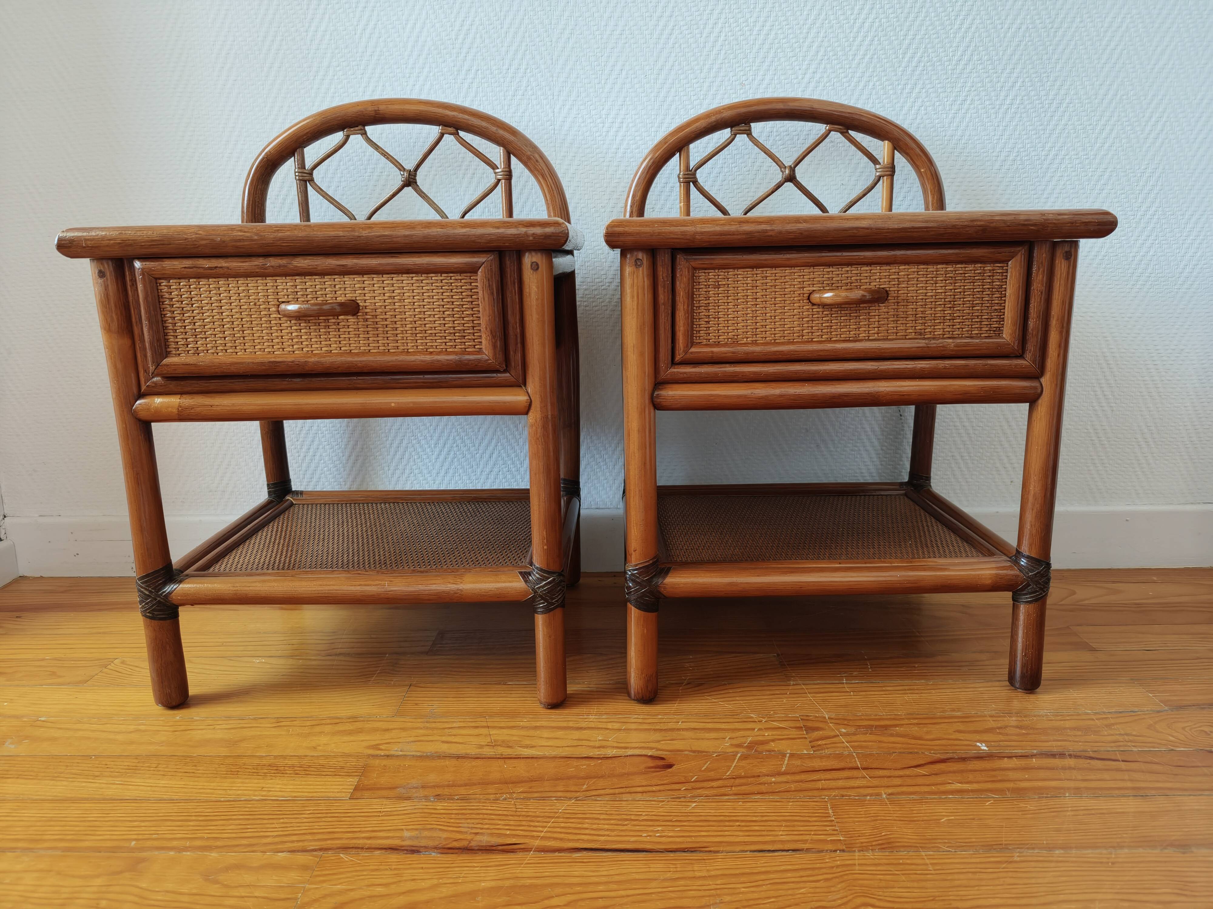 Pair of vintage rattan and cane bedside tables, 1970s