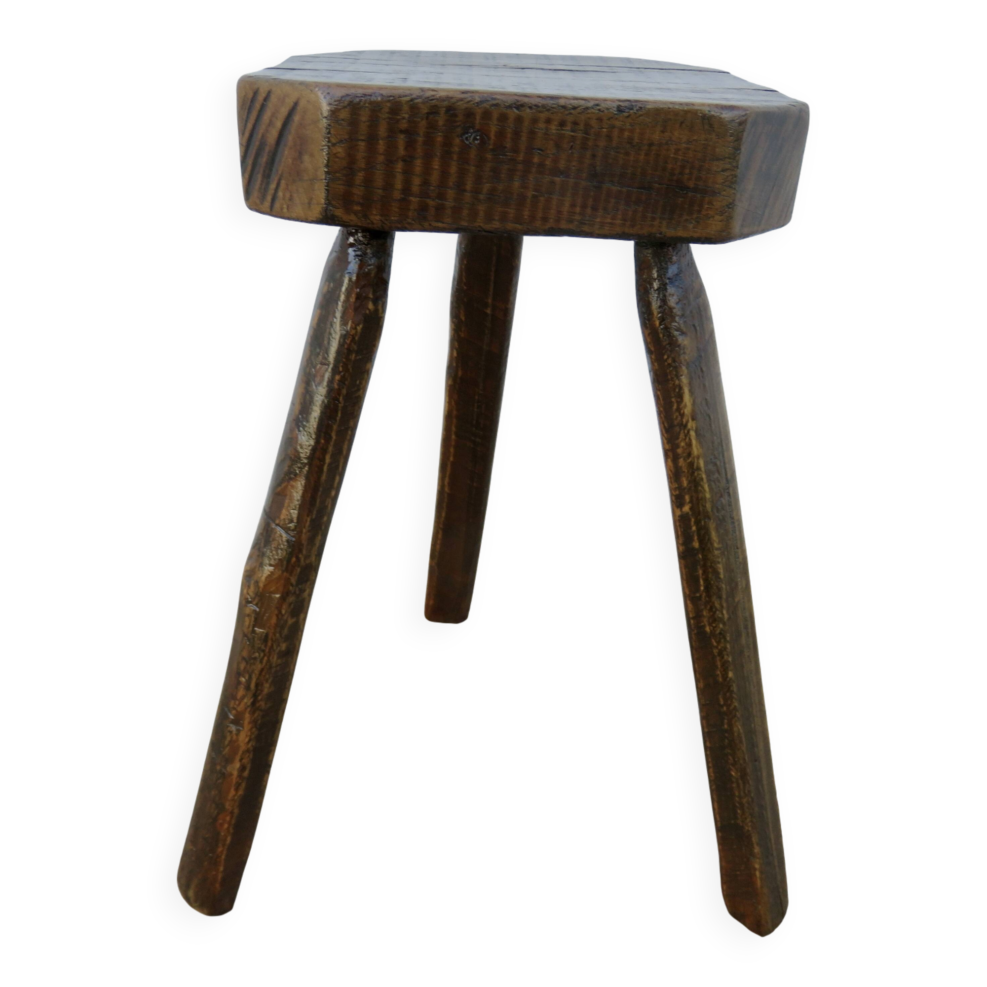 Tabouret de ferme tripode, assise hexagonale, bois massif, années 50-60