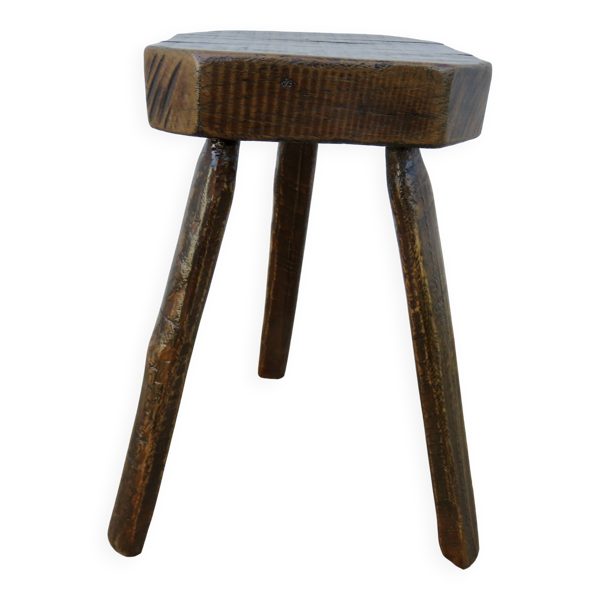 Tabouret de ferme tripode, assise hexagonale, bois massif, années 50-60