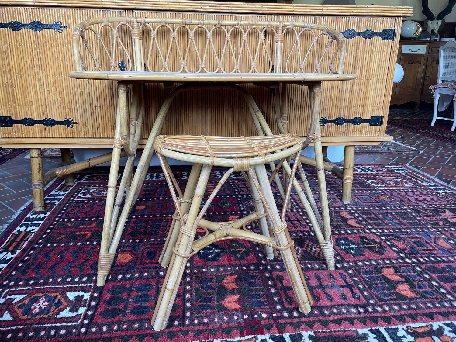 Bureau et tabouret en rotin, 1960