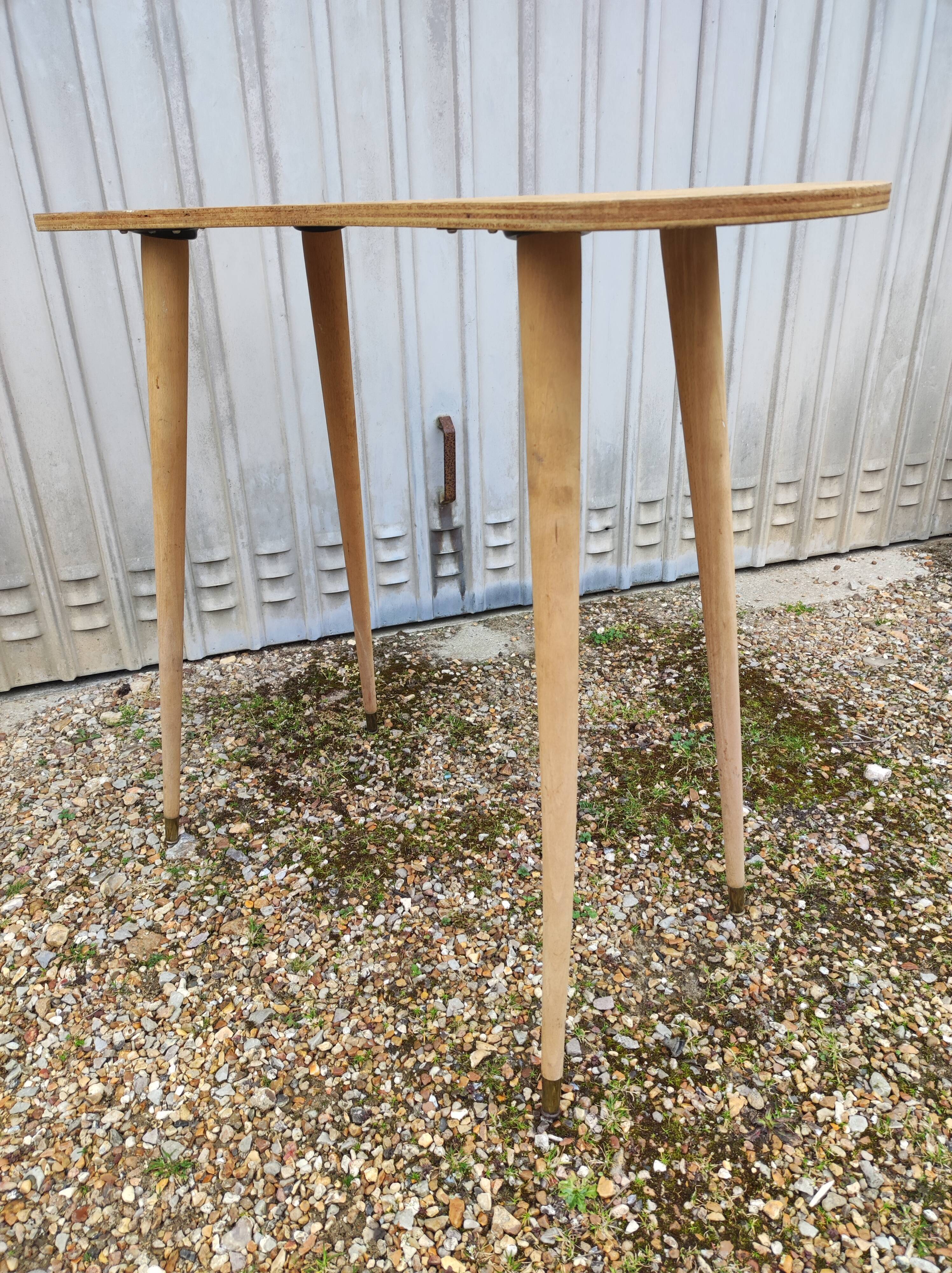 High table wood tray bean feet vintage compass