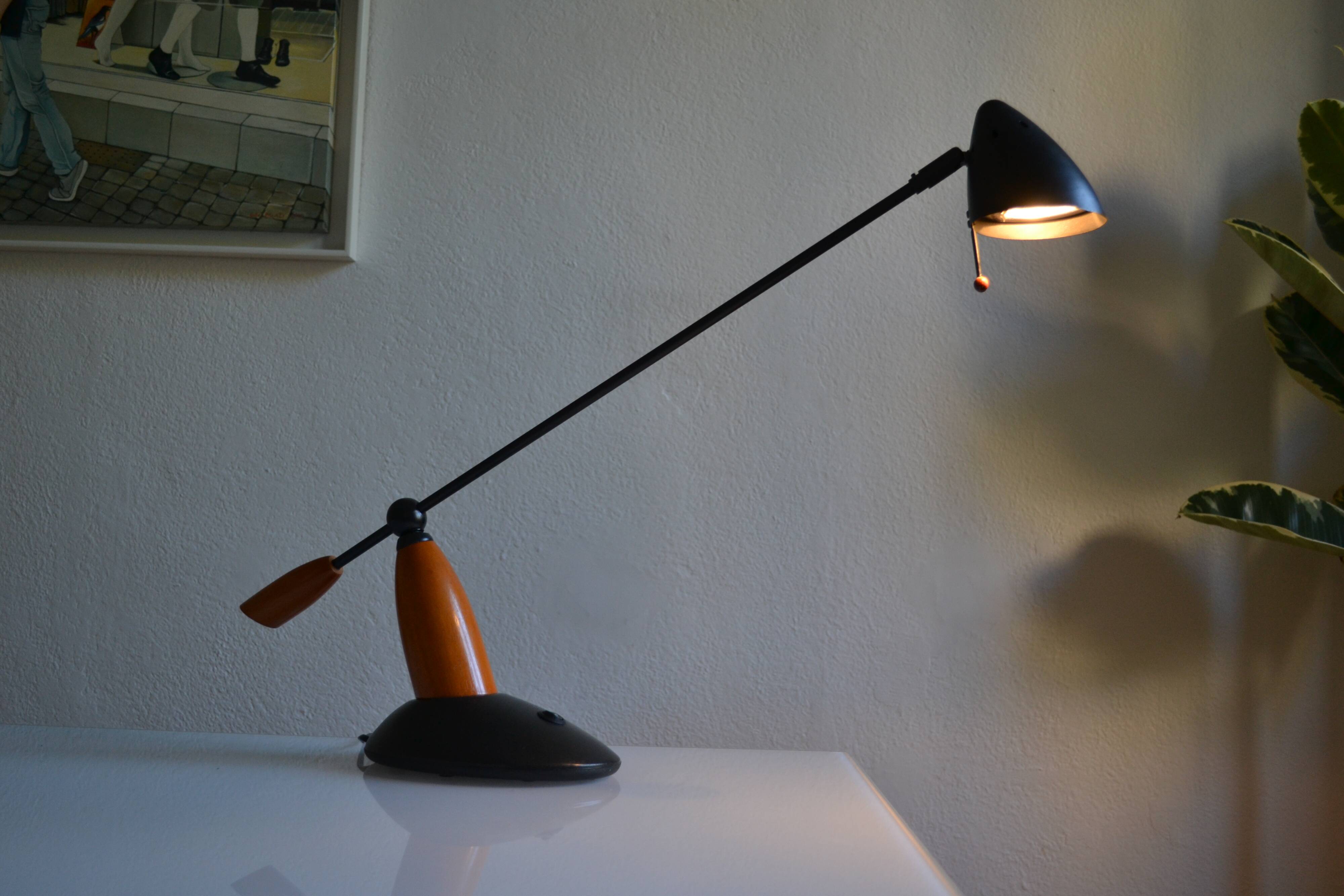Vintage postmodernist metal and wood table lamp from the 1980s