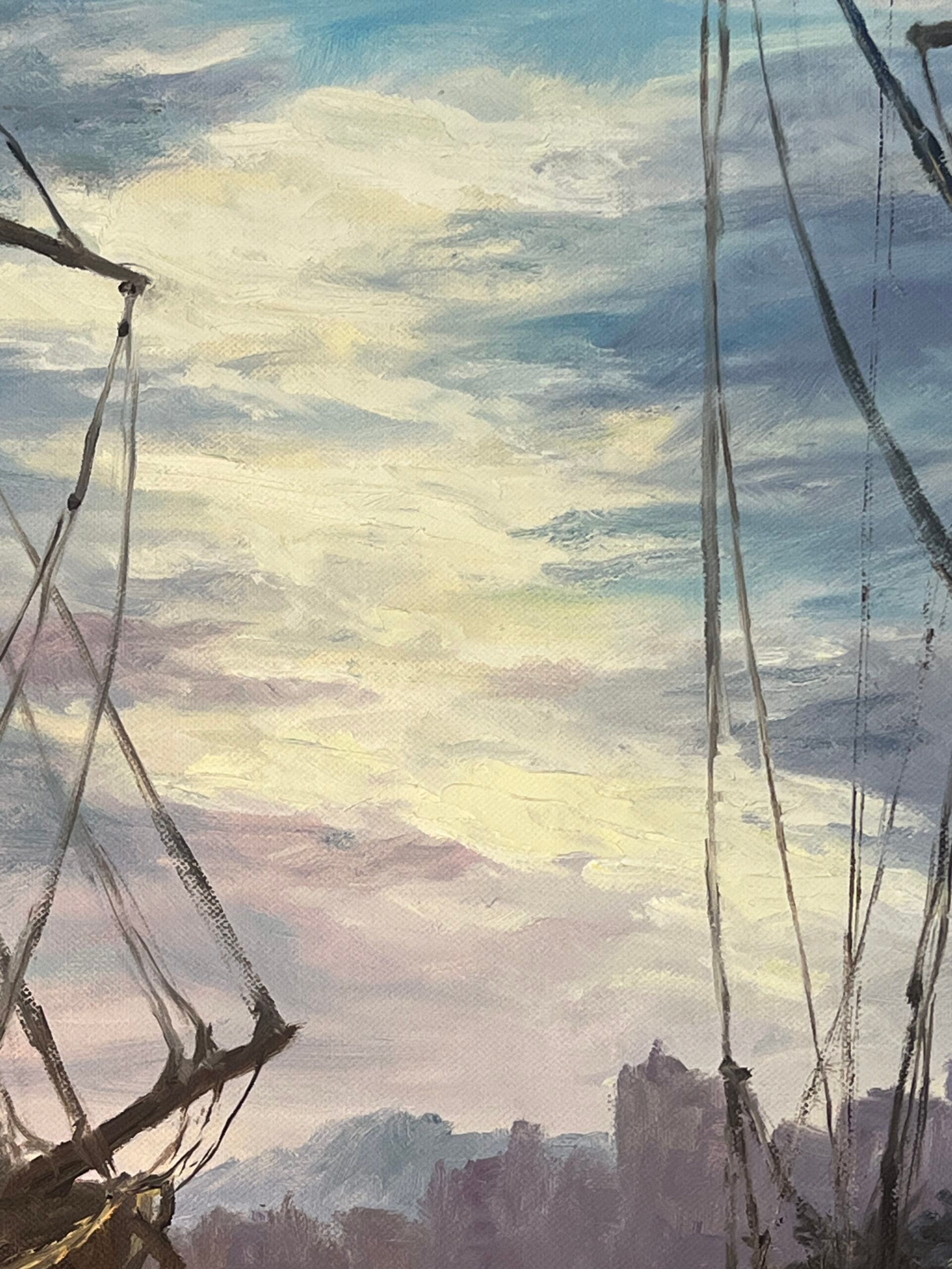 Painting by G. Bournonville, signed and dated 1986, oil on cardboard, boats at the quay