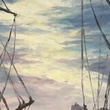 Painting by G. Bournonville, signed and dated 1986, oil on cardboard, boats at the quay