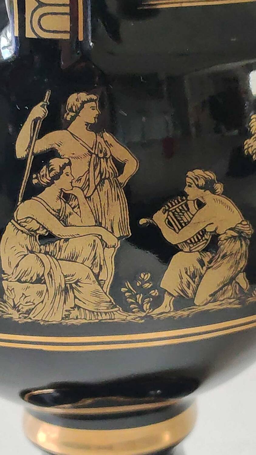 Ball-shaped vase, in glazed ceramic. Life scenes from Greek Mythology hand painted, in 24 c. gold. High 22 cm