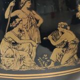 Ball-shaped vase, in glazed ceramic. Life scenes from Greek Mythology hand painted, in 24 c. gold. High 22 cm