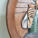 Vintage Embossed Clay Plate: Man Drinking, Retro Wall Decor