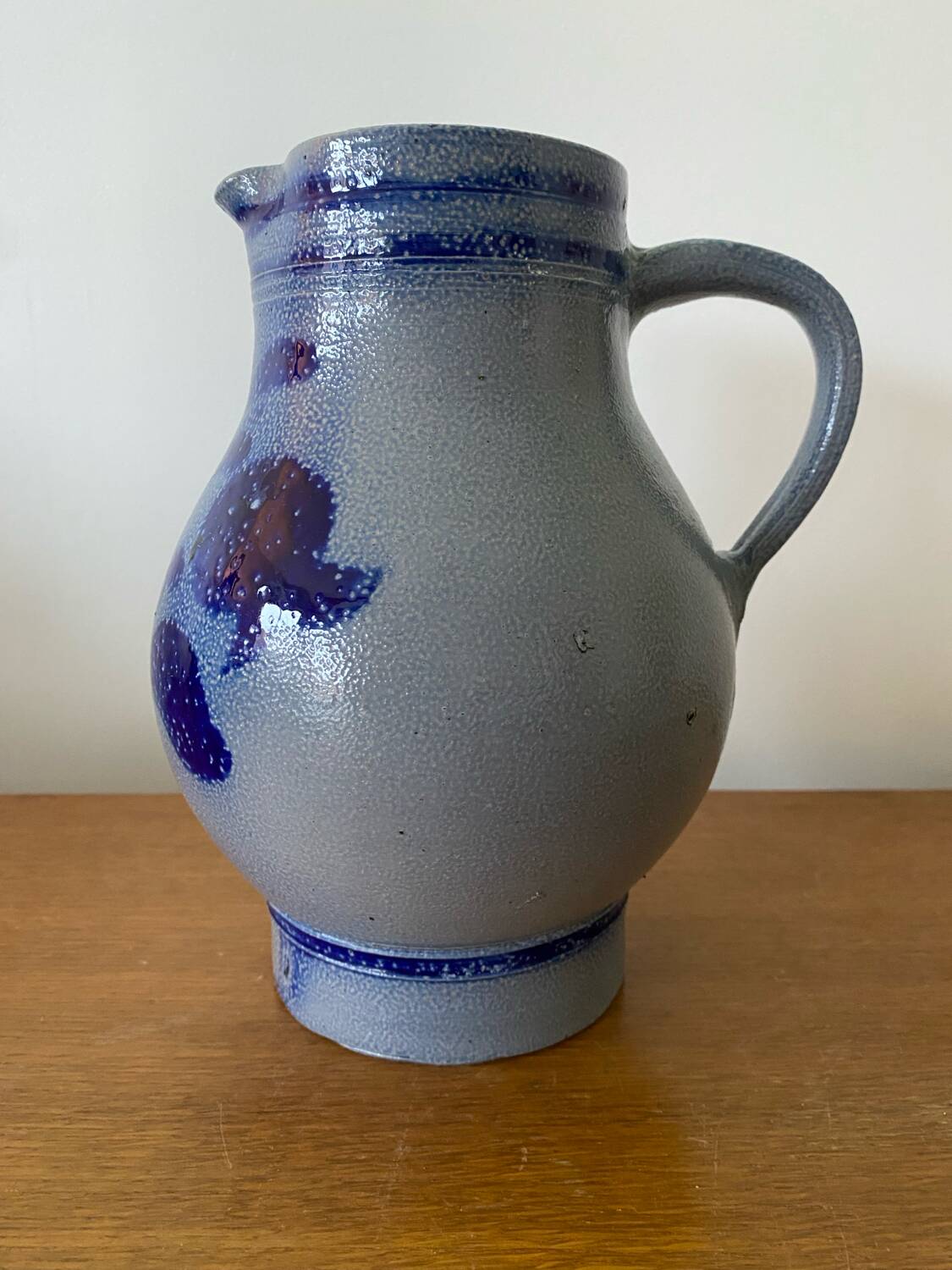 Antique Blue Stoneware Pitcher Deco Flowers 2 Liters Vintage