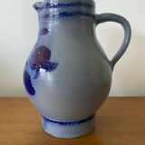 Ancien Pichet Grès Bleu Deco Fleurs 2 Litres Vintage