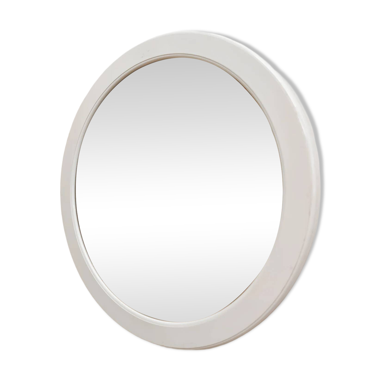 Large vintage round mirror with a white border.