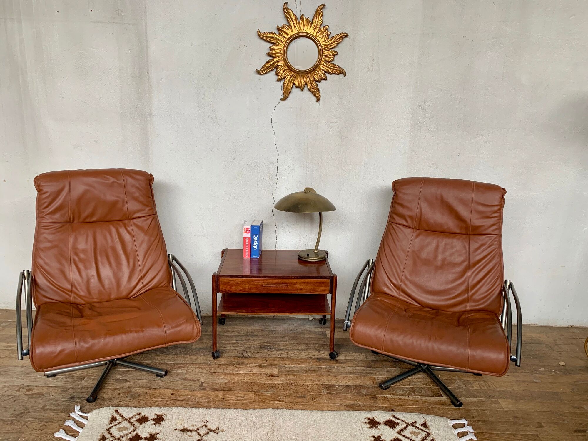 Pair of Scandinavian leather relax vintage armchairs brand Kebe