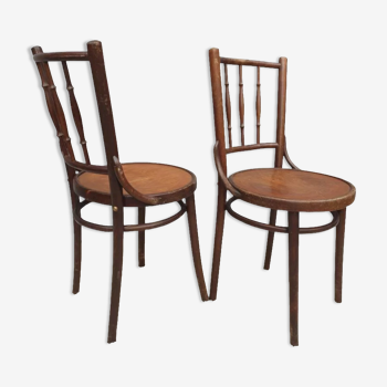 Pair chairs bistrot Thonet pyrograved design 1900 Art Nouveau