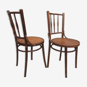 Paire chaises bistrot Thonet dessin pyrogravé 1900 Art Nouveau