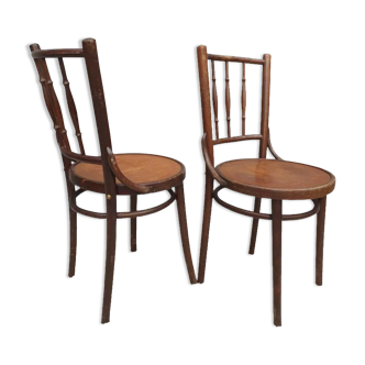 Paire chaises bistrot Thonet dessin pyrogravé 1900 Art Nouveau