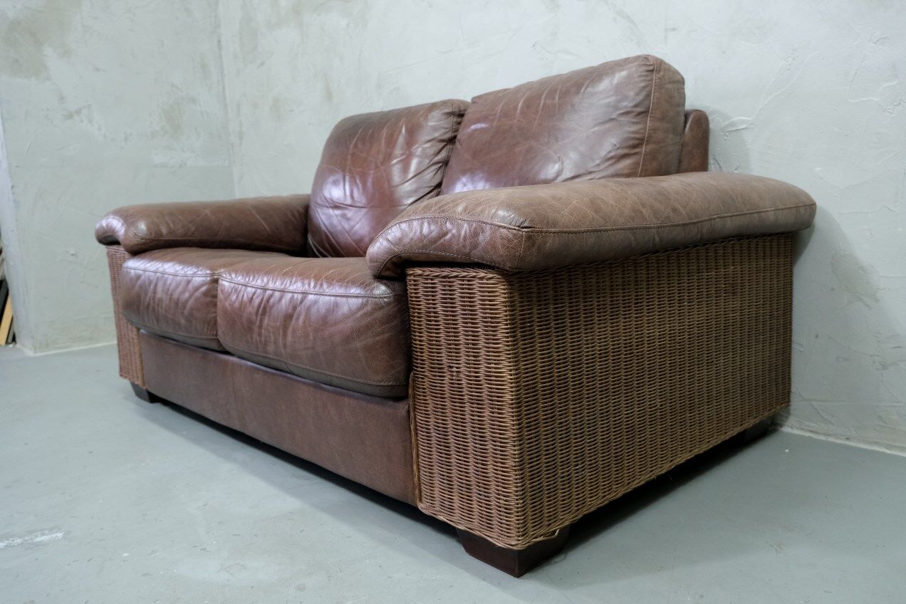 Italian Rattan and Leather Sofa, 1970s
