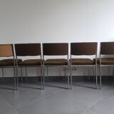 Five chairs in chromed metal and mottled fabric
