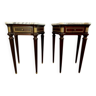 Pair of Louis XVI style bedside tables, marble top.