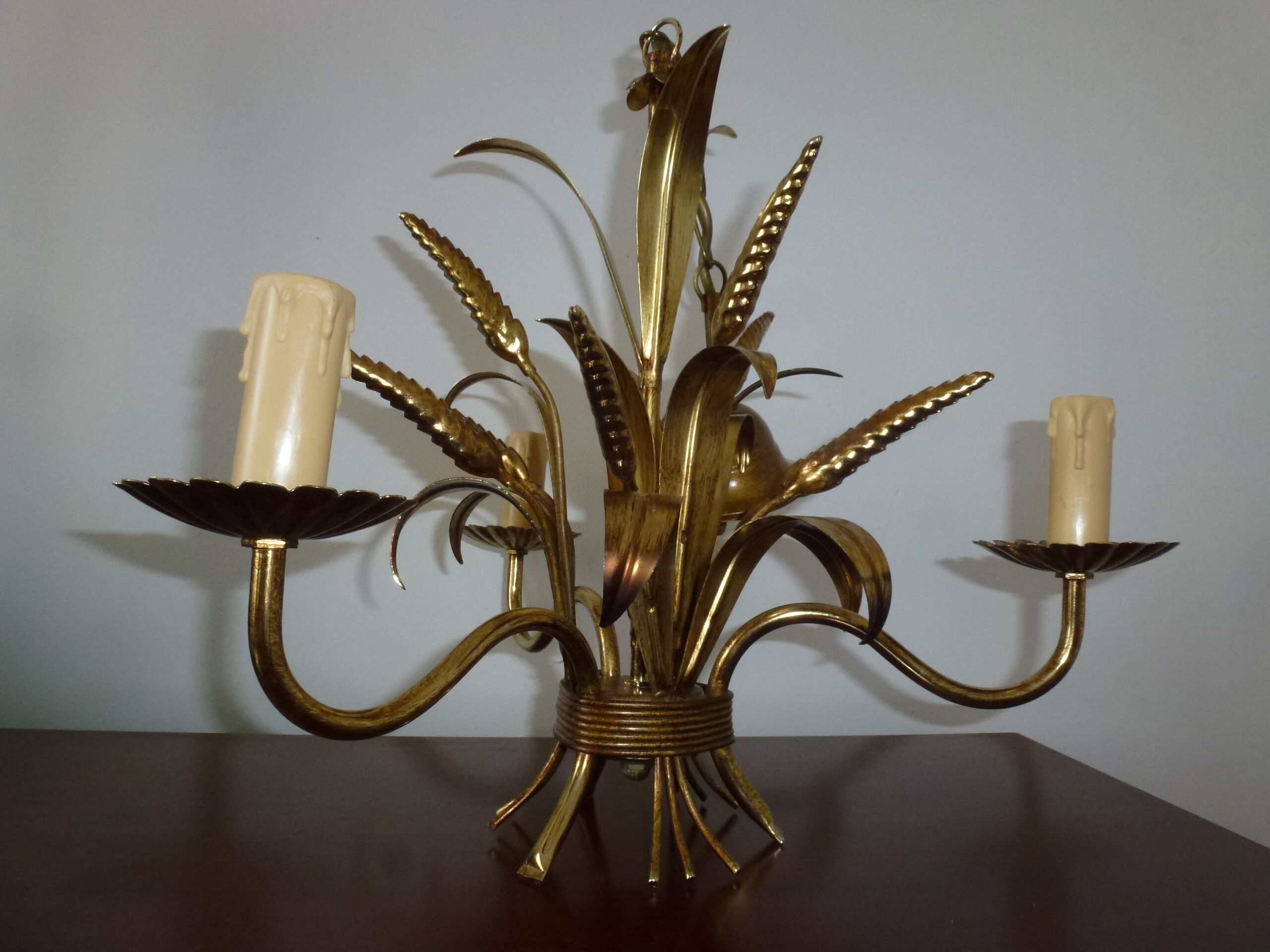 Wheat cob chandelier of the Masca House, gilded aged, 3 fires, 70s/80s