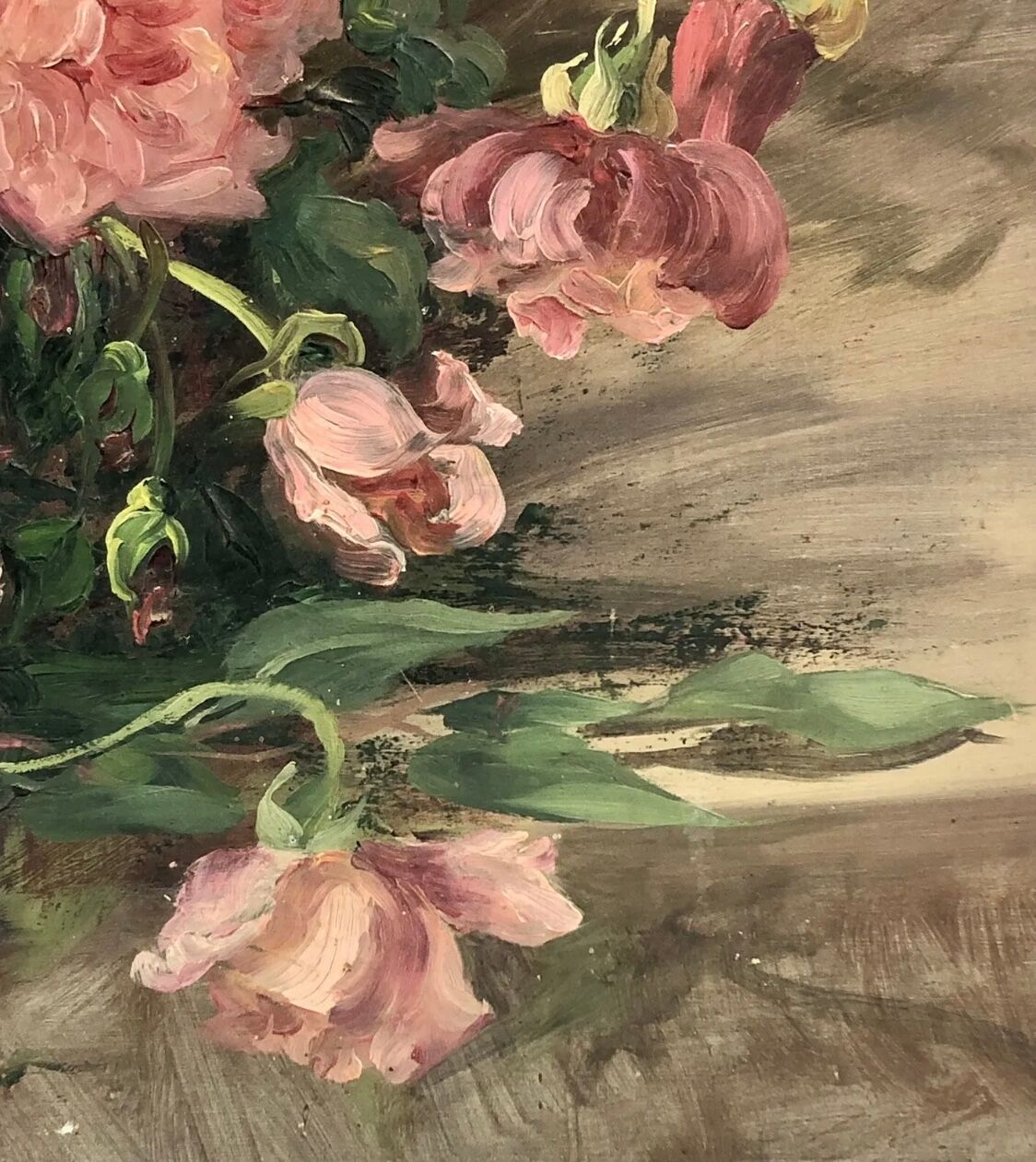 François Félix Roubaud Still life oil on wooden panel bouquet roses peonies XIX