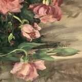 François Félix Roubaud Still life oil on wooden panel bouquet roses peonies XIX