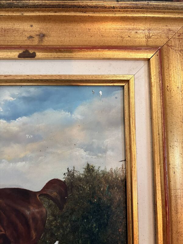 Tableau Peinture Huile Panneau Bois Cadre Doré Chasse Courre Chien Anglais