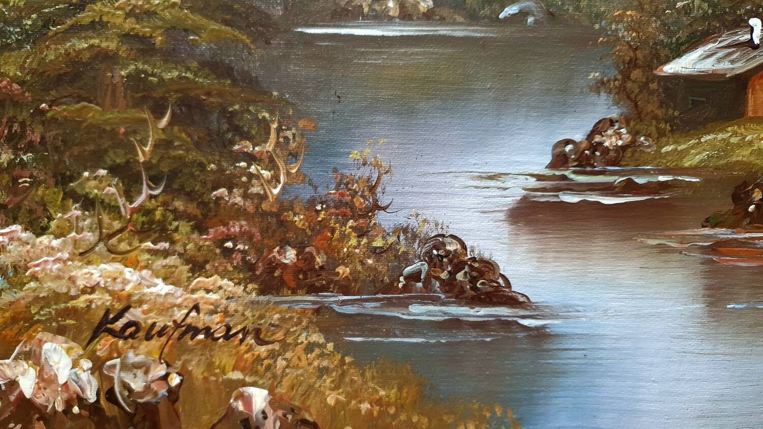 Tableau huile sur toile chalet dans la montagne signé Kaufman