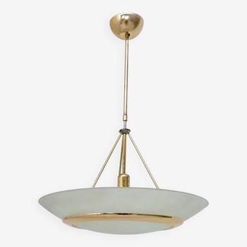 Brass and Aquamarine Etched Glass Bowl Pendant in the Style of Fontana Arte,