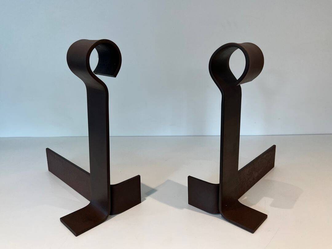 Important Pair of Modernist Wrought Iron Andirons with Ring Finials