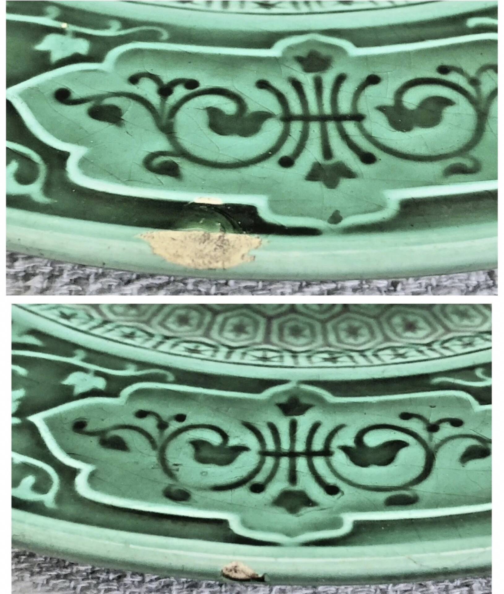 3 fruit plates Sarreguemines majolica shaded enamel Rubelles