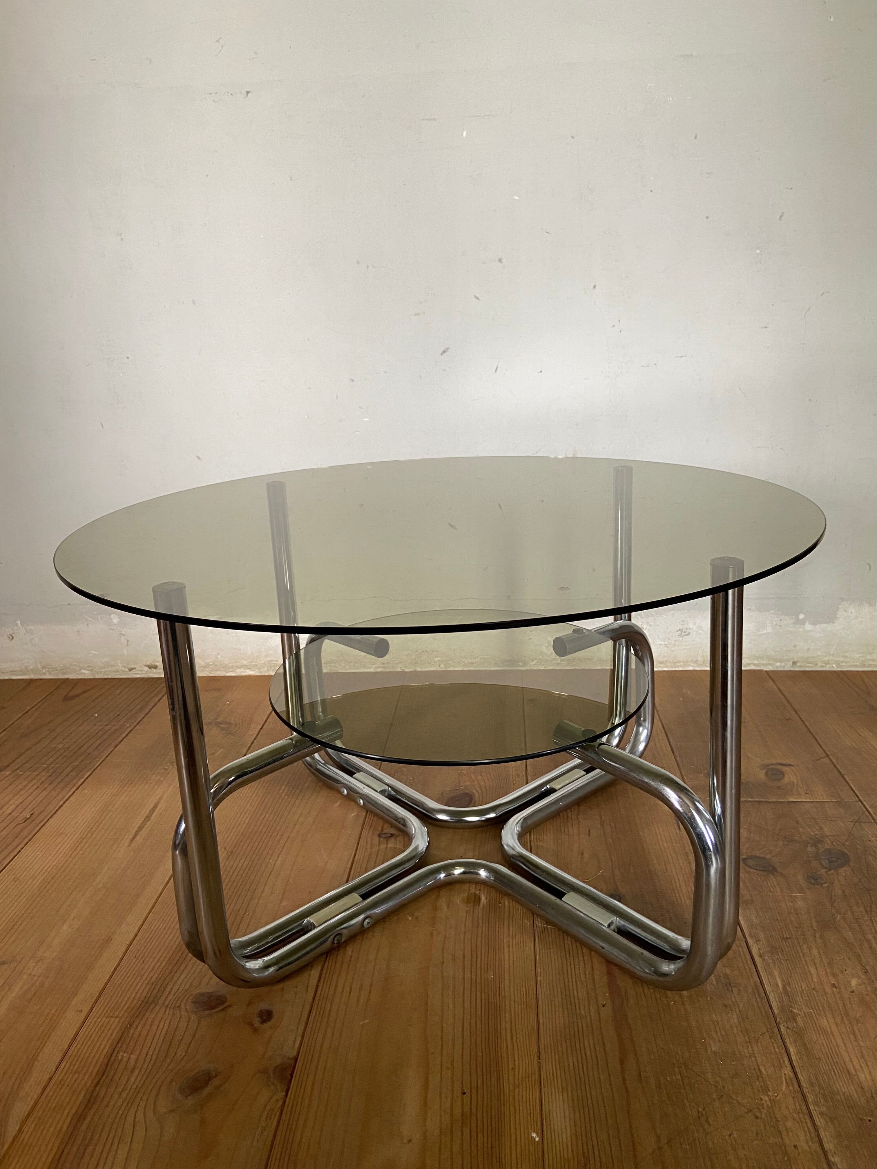 Coffee table chrome and smoked glass round 70s space age