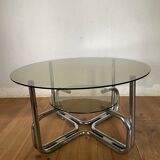 Coffee table chrome and smoked glass round 70s space age