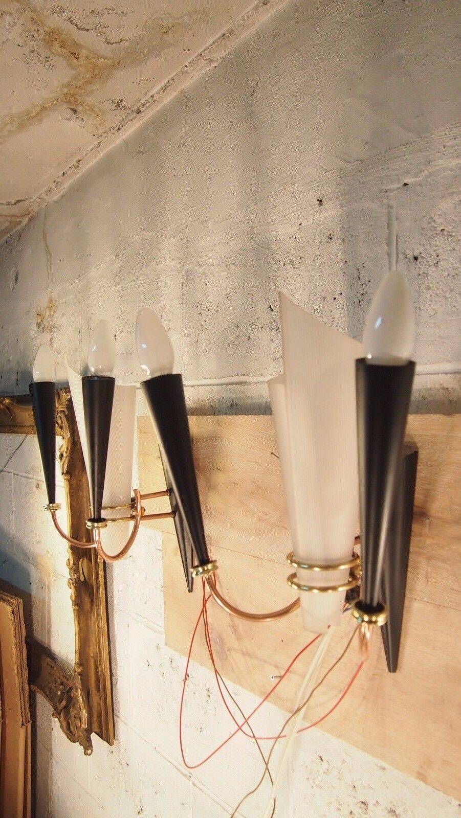 Paire applique lunel mid century texture perspex laiton dore noir