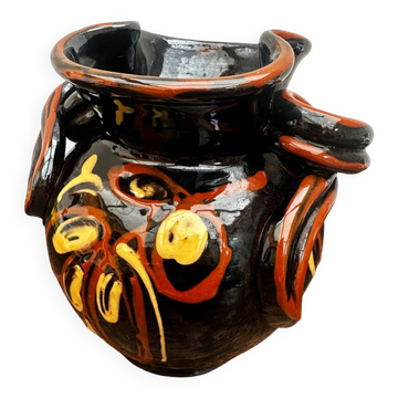 Vase Vintage Boule et Torsadé - Fond Noir et Décor Floral H 16 cm