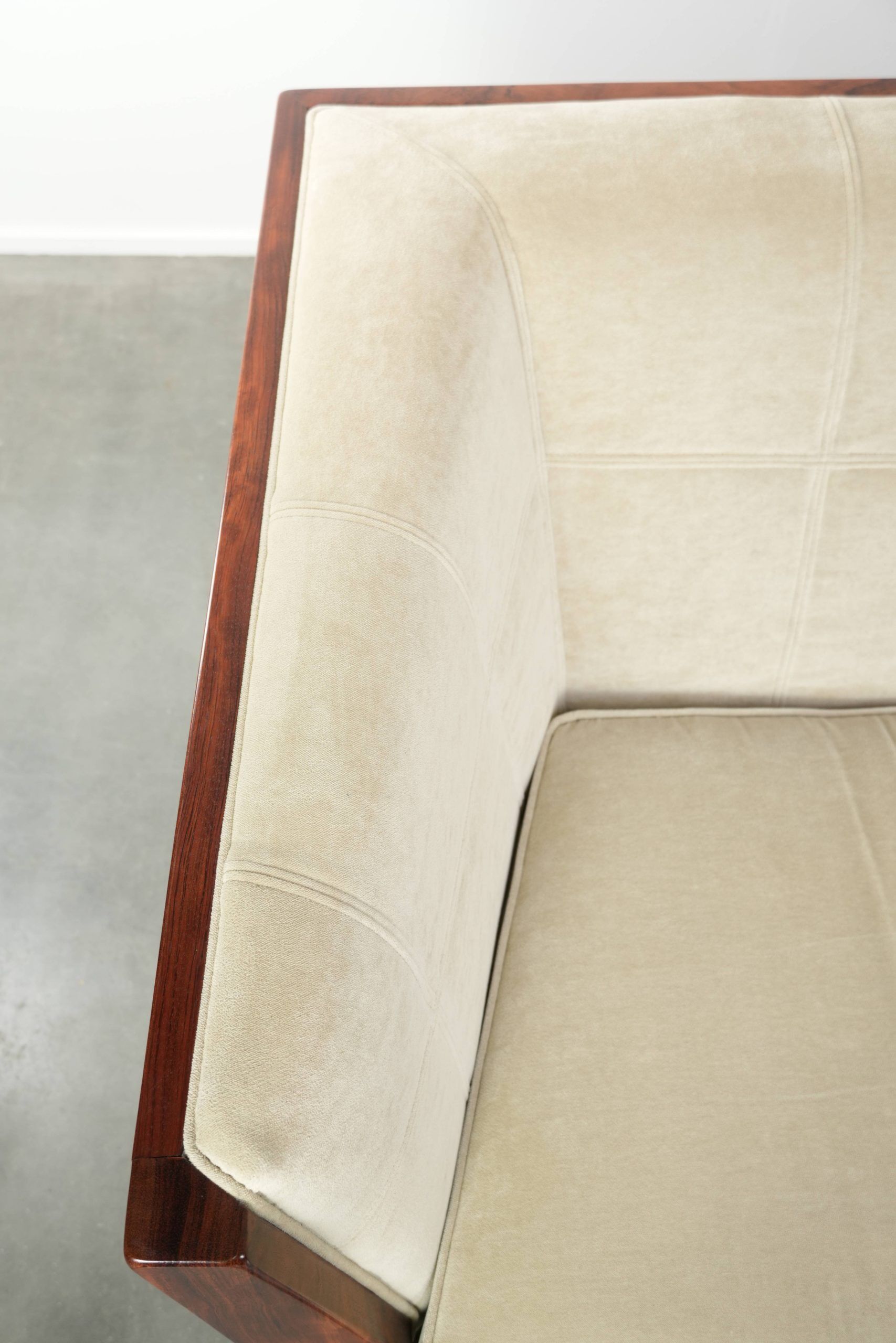 Art Deco design sofa with beautiful woodwork and cream fabric upholstery