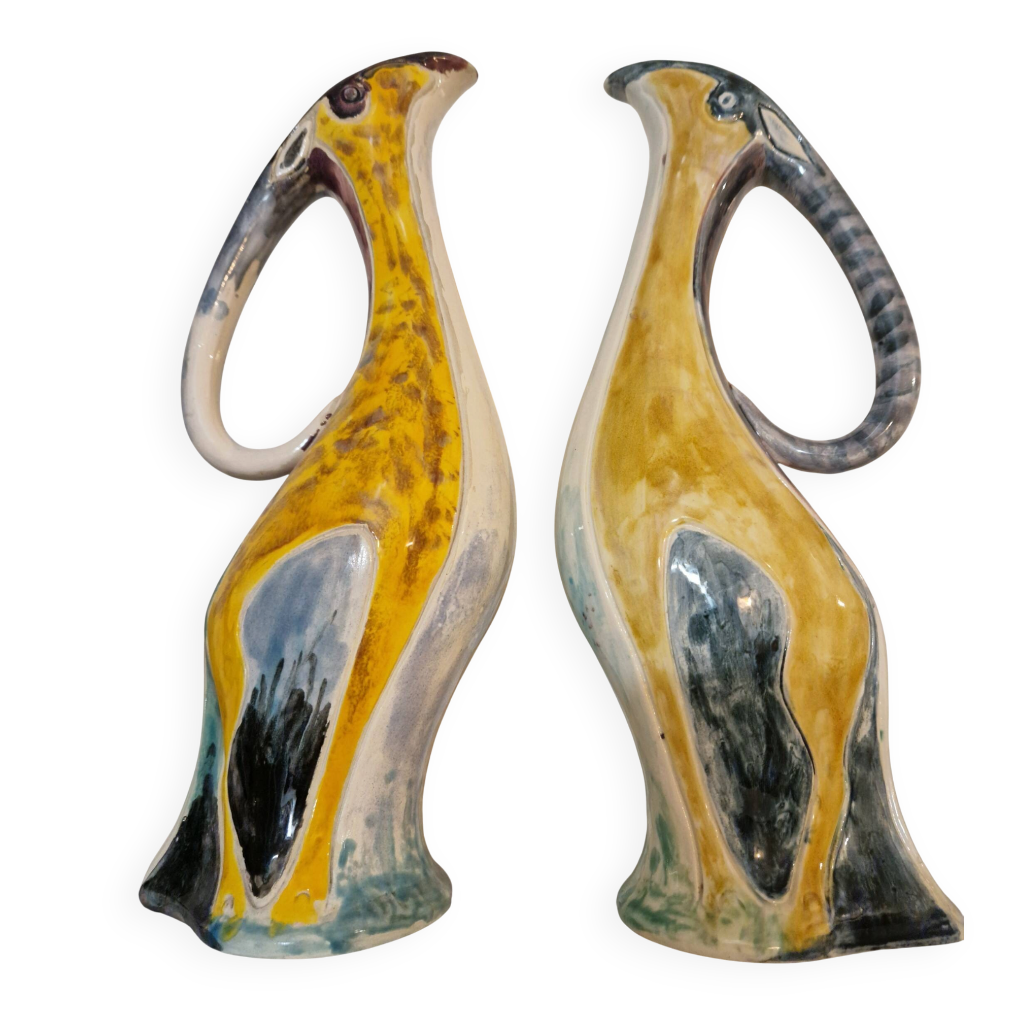 Paire de grands pichets zoomorphes en céramique émaillée, Vallauris, 1960