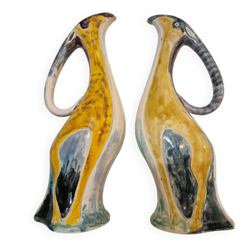 Pair of large zoomorphic pitchers in glazed ceramic, Vallauris, 1960.