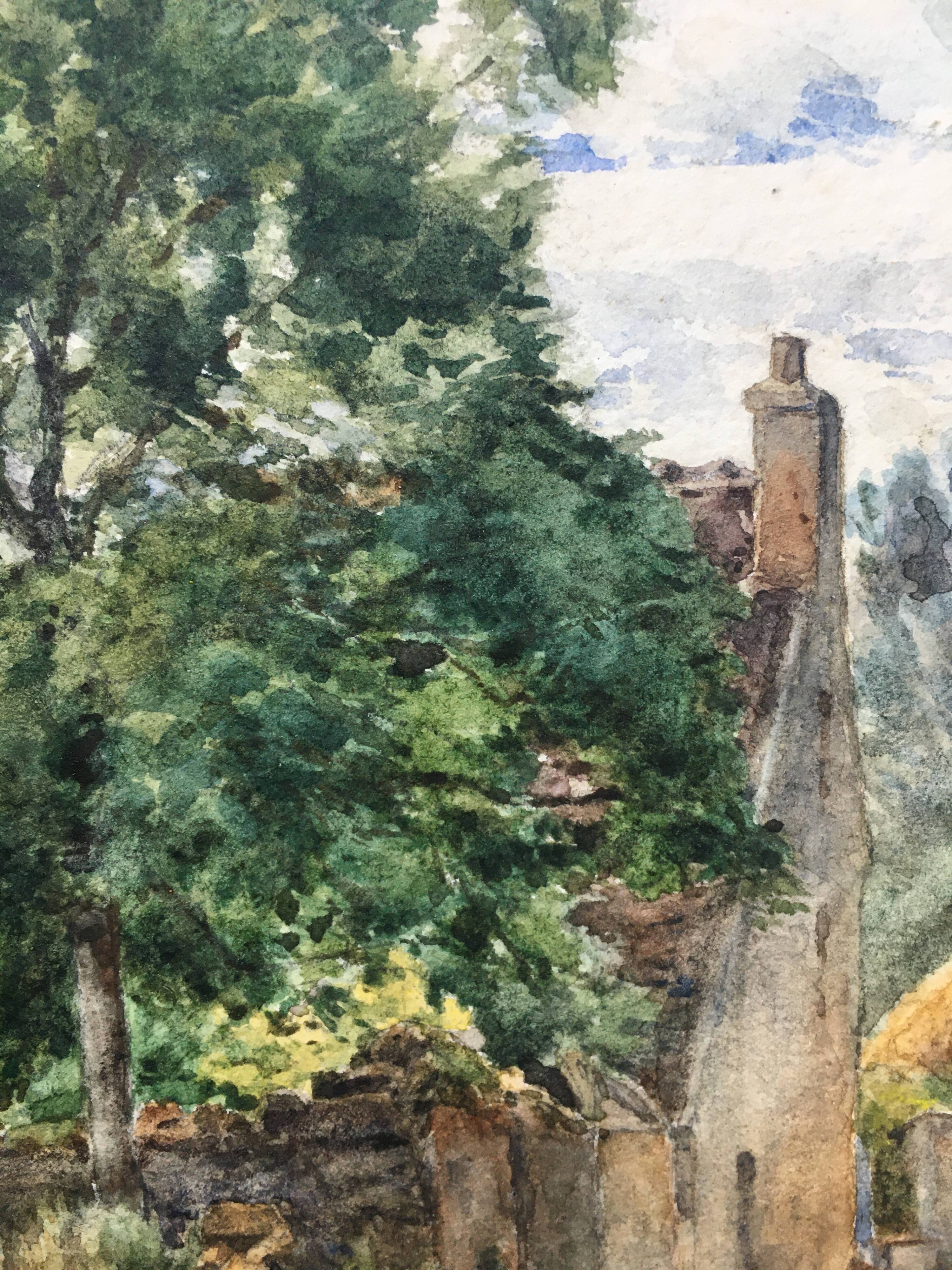 Table Watercolor 1904 by G Roche "Village Tree Entrance"