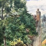 Table Watercolor 1904 by G Roche "Village Tree Entrance"