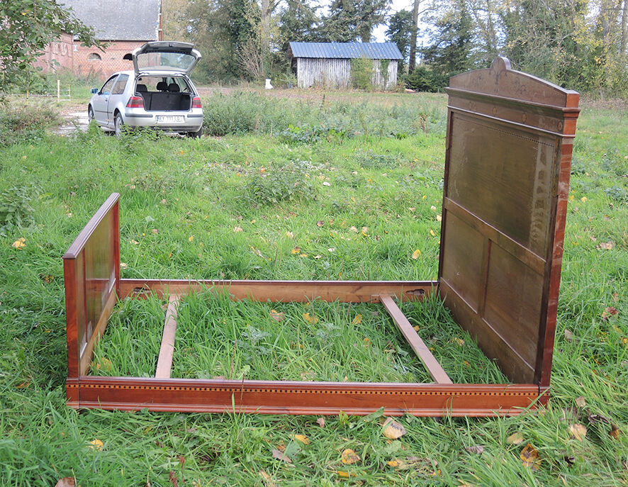 Bed frame double wood  inlay vintage
