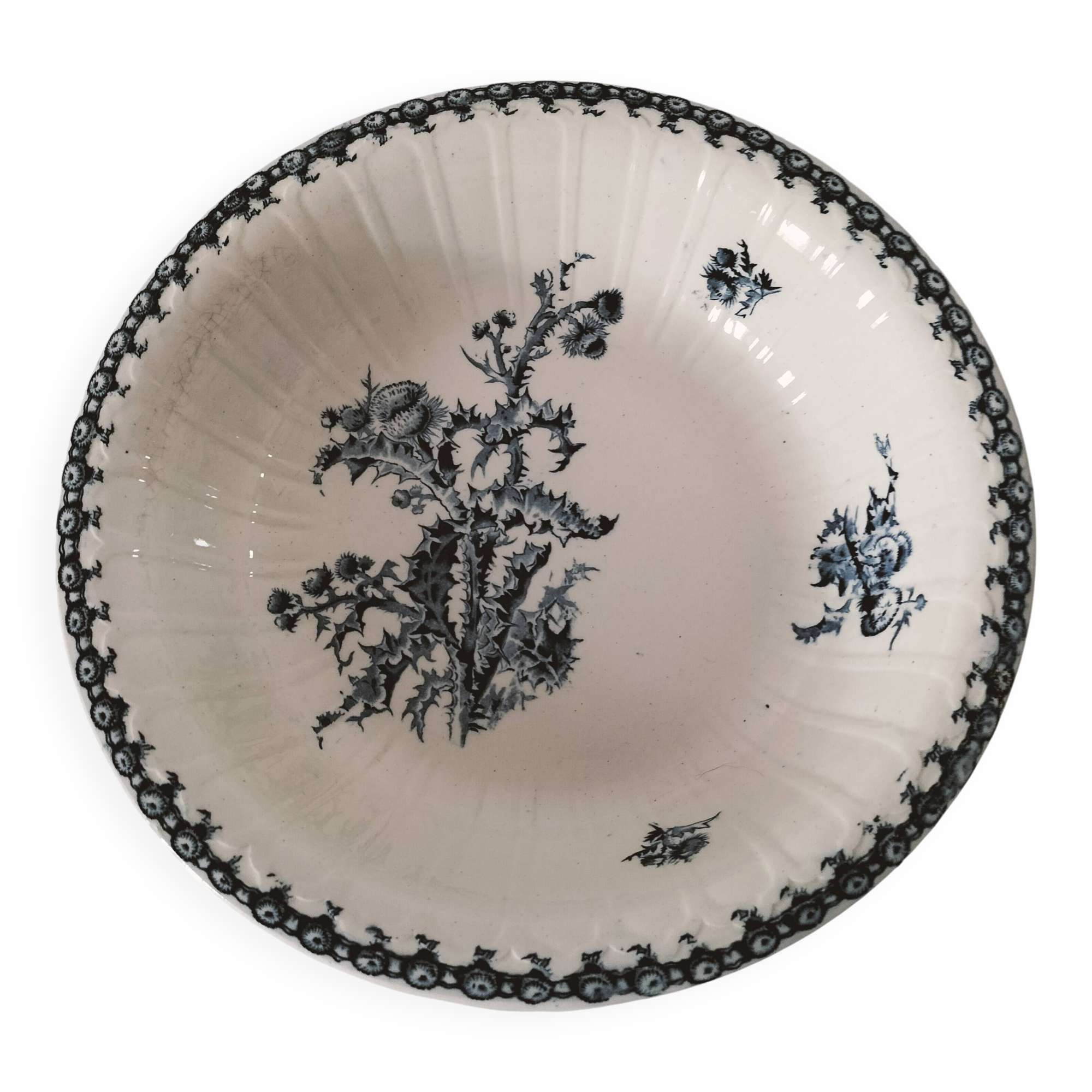 Large antique Gien hollow dish, Chardons blue model – fine 19th century earthenware