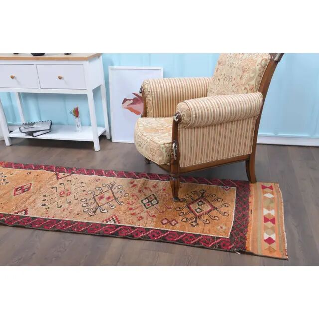 Tapis coureur vintage en laine et coton turc noué à la main orange 82x382