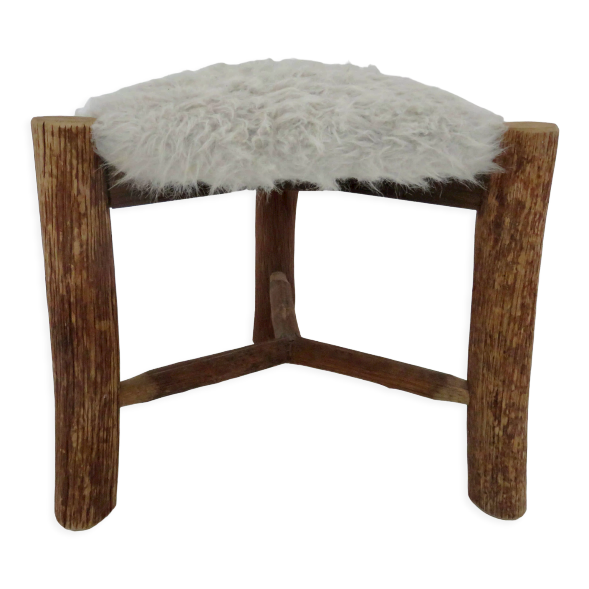 Scandinavian stool "mountain chalet" tripod wood, seat in vintage moumoute