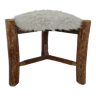 Scandinavian stool "mountain chalet" tripod wood, seat in vintage moumoute